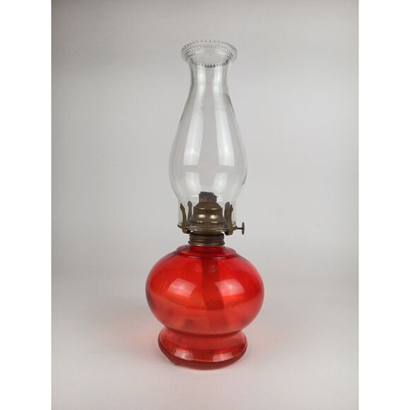 Unique Vintage Candy Red Oil Lamp With Clear Glass Chimney Fully Functional - Picture 5 of 9